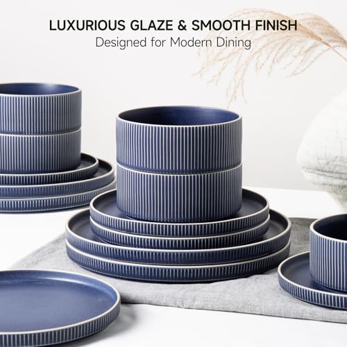 Image of Dinnerware Set Service for 6, 18-Piece Ceramic Plates and Bowls Set, Chip & Scratch Resistant, Microwave and Dishwasher Safe, Modern Minimalist Tableware for Everyday Use, Matte Blue
