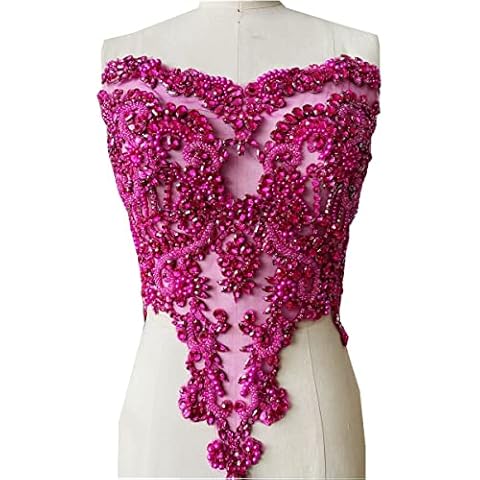 wtbv.n Handmade red/Blue/Gold/Green Rhinestones lace Bodice Applique Sewing Beads Crystal Trim Patches Accessory for Dress Clothes (Rose red) Cover