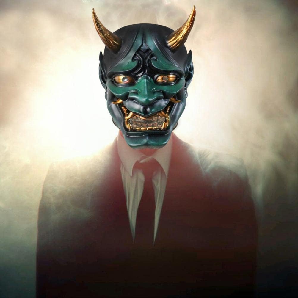Japanese Evil Demon Kabuki Hannya Mask, Decorative Cosplay Halloween Oni Samurai Kabuki Prajna Devil Mask, Japanese Hannya Mask, Samurai Demon Oni Face Cover, Halloween Cosplay Horror Face Cover (A)