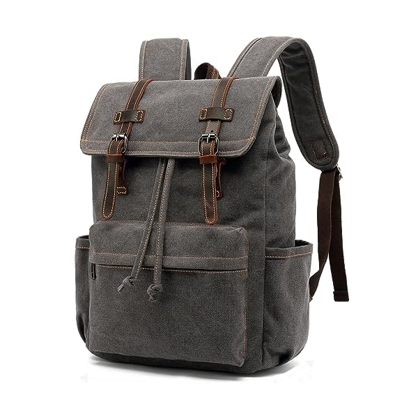 HuaChen Vintage Canvas Backpack, Mens Travel Leather Rucksack for Laptop Hiking Bag (M83_Grey)