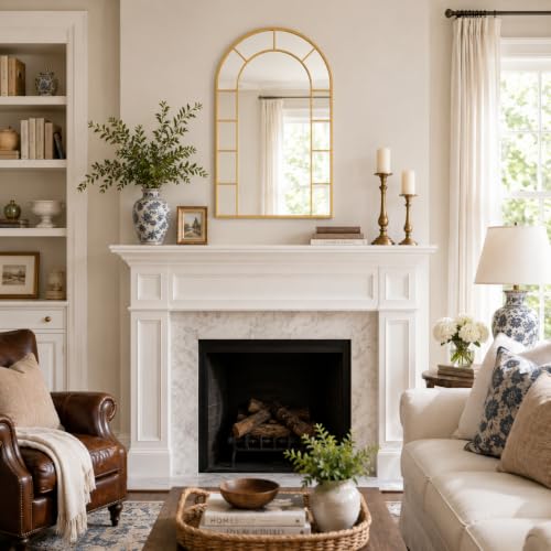 Image of Window Arched Wall Mirror Decor - Farmhouse Gold Arch Mirror for Wall Decor Living Room,Window Pane Frame for Fireplace,Hallway,Dining Room,Entryway, Bedroom,Large 36 inchX24 inch Metal Frame