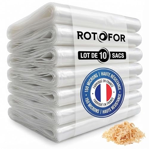 10 sacs Rotofor de récupération à copeaux et poussières de bois en plastique - Résistants - Transparents - Fabrication française - D. 500 MM X L. 1400 MM X ÉP. 150 MICRONS