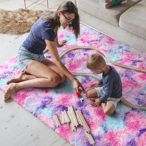 image for AROGAN Soft Rainbow Area Rugs for Girls Room, Fluffy Girls Bedroom Rug
