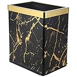 QLHIBLY Metal Recycling Waste Bin with Leather Cover,10L Double Layer Bin for Bedroom, Bathroom, Kitchen, Office, High Class Hotel (Black and Gold Marble)