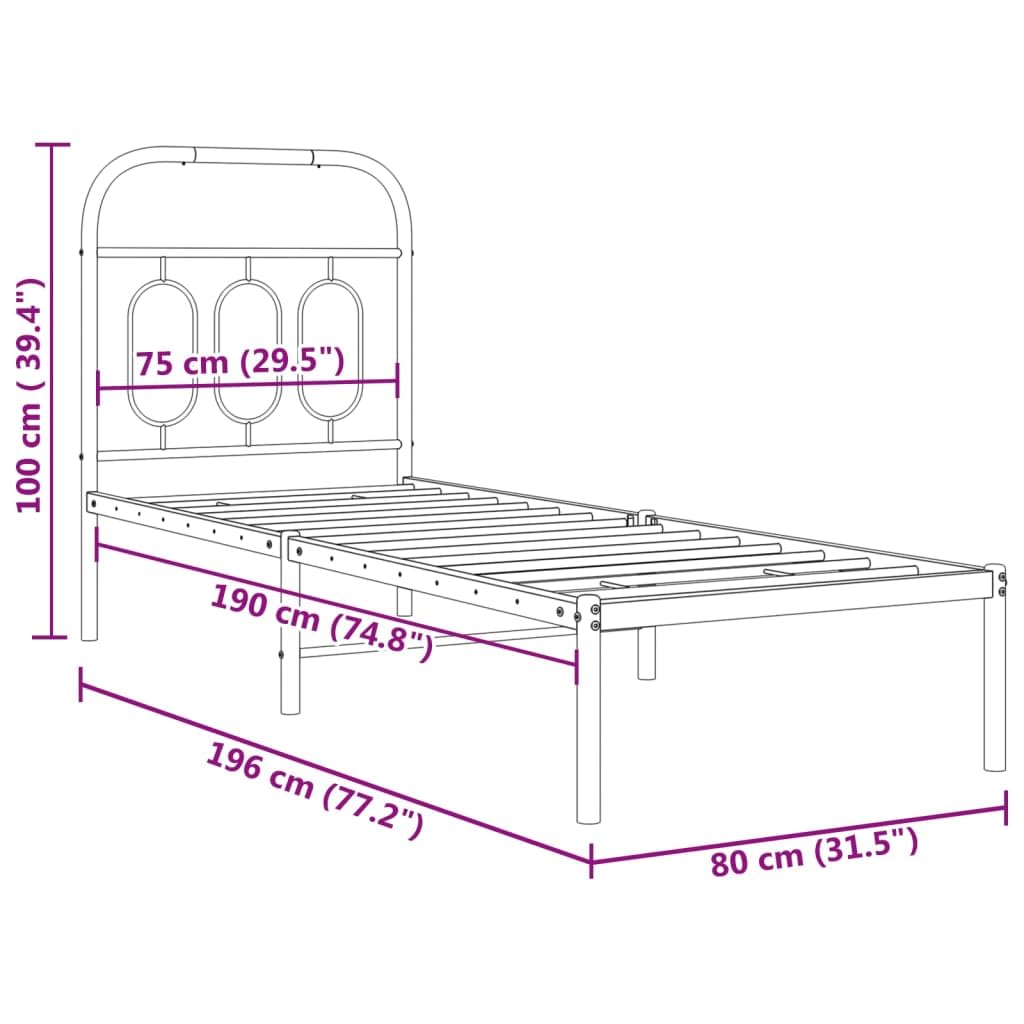 Black Metal Bed Frame 75x190 cm with Headboard | Features a steel slat platform that eliminates the need for a box spring and provides under-bed storage.