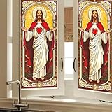 HOMETITUTE Jesus Sacred Heart Stained Glass Window Film 17.7 x 39.3 Inch Religious Christian Decorative Privacy Vinyl Decal Static Cling for Home Church Chapel Prayer Room