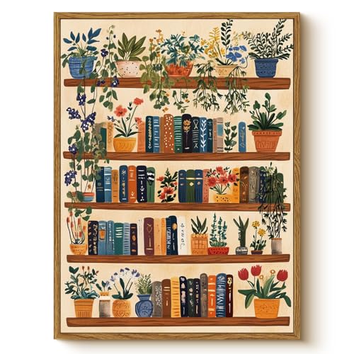 Vintage Botanical Book Shelf Framed Canvas Wall Art, 12x16 Colorful Plants Books Painting, Retro Library Reading Gift, Modern Home Décor for Living Room Study Office