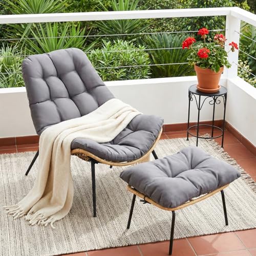 LIFERUN Gartenstuhl mit Hocker Loungesessel Rattan Gartensessel Wetterfest bis 120 kg Balkonsessel mit Abnehmbarem Kissen Waterproof für Garten Balkon Wohnzimmer Hof Schlafzimmer Terrasse Grau