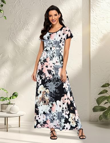 Image of Lacavocor Womens Short Sleeve Maxi Dresses Empire Waist Long Dress