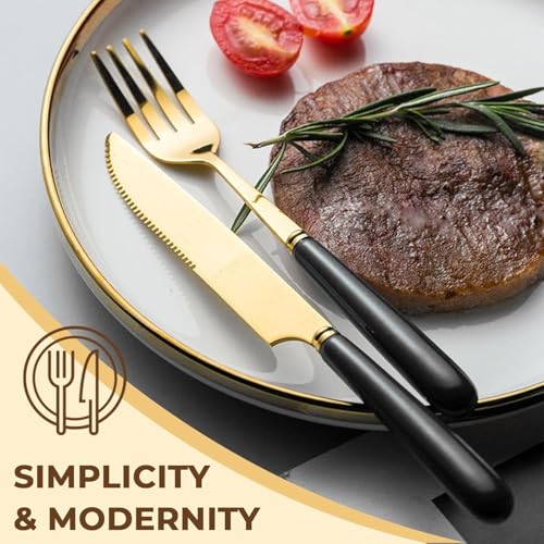 Image of Artek Stainless Steel Spoons, Forks & Knives Set of 24 with Stand and Ceramic Handle Golden Cutlery Set (Black)