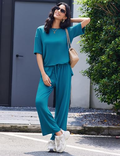Image of Ekouaer Lounge Sets for Women Short Sleeve Tops and Long Pants Soft Comfy Pajamas Set 2 Piece Outfits