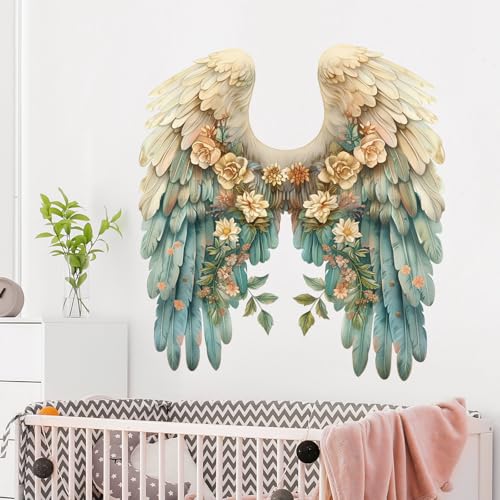 DRWSSR Angel Wings Wall Decals - Large Colorful Flower & Wings Decals, Removable DIY Vinyl Fashionable Wall Art Murals for Girls, Baby, Kids Bedroom, Living Room, Dining Room (Blue)