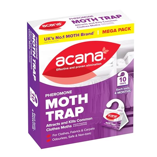 Acana Clothes Moth Traps 10 Pack Attracts & Kills Clothes Moths with Natural Pheromone Glue Boards Non-Toxic Insecticide-Free Protection for Wardrobes & Drawers - Protects Clothes and Fabrics