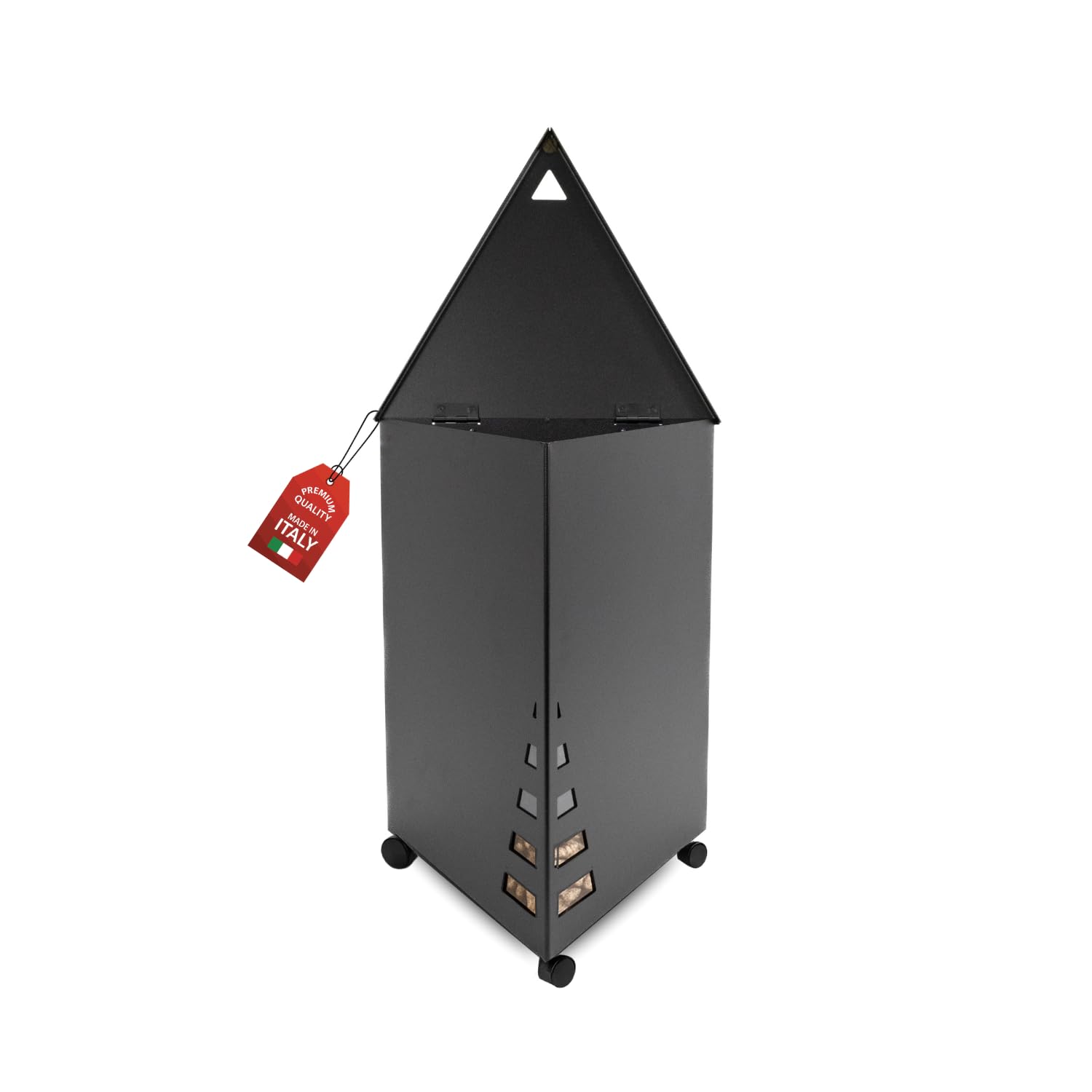 MOHOME Porta Pellet da Interno Made in Italy Contenitore Baule Triangolare Portapellet in Acciaio Nero 65 x 39 x 34 cm Capacità 30 Kg Ruote Girevoli Scatola Cesto per Stufa a Pellet Camino Già Montato