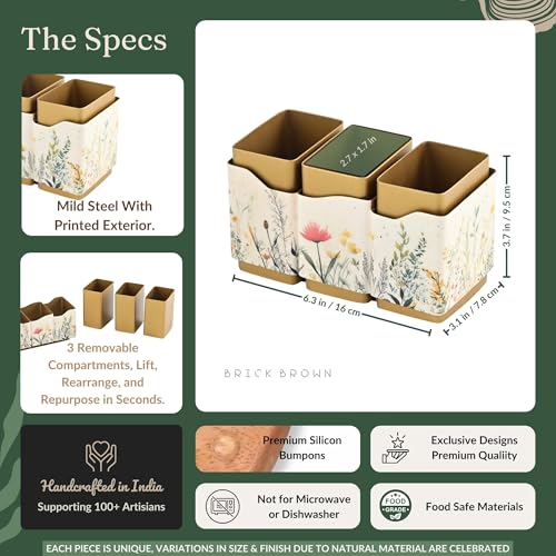 Image of Brick Brown Premium Metal Triflora Cutlery Holder - Spoon Stand for Kitchen | Spoon Holder for Dining Table | Wooden Caddy Storage Organizer | Stand Caddy Holder for Kitchen Utensils (6.3x8x9.5in)