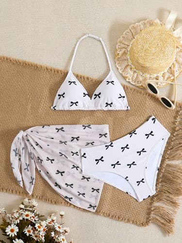 Image of SEGT Girl's 3 Piece Striped Bikini Swimwear Cute Swimsuits Bathing Suit High Waisted with Cover Up Beach Skirt
