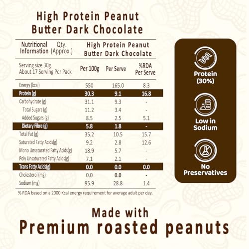 Image of Sundrop High Protein Peanut Butter | Whey Protein Added | Dark Chocolate | 30g Protein & 5.8g Fiber| 500g Crunchy | Low in Sodium | No Preservatives | Tasty & Healthy Nut Butter Spread for Breakfast