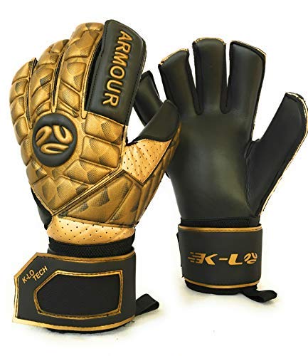 FINGERSAVE Goalkeeper Gloves by K-LO - The Armour Goalie Glove Has Fingersave Protection in All 5-Fingers to Prevent Injury & Improve Shot Blocking. Super Sticky Palms. Youth & Adult Sizes Gold