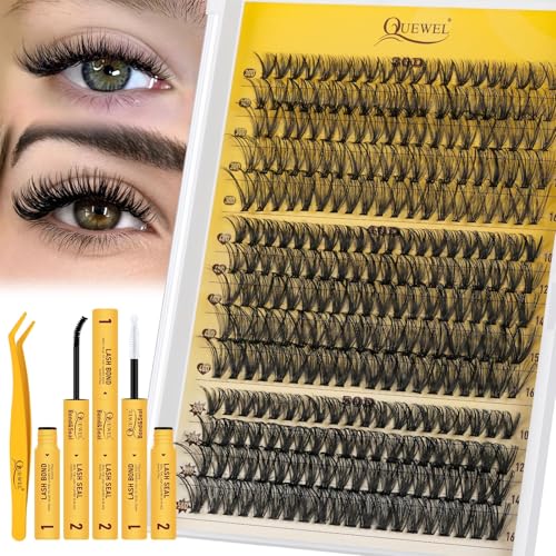 QUEWEL Clusters-Lashes Kit 30+40+50D Lash Clusters Mixed 10-16mm, D Curl Eyelashes-Individual Kit with Waterproof Lash Bond and Seal, and Lash Tweezer DIY at Home for Beginner(30D+40D+50D-KIT)