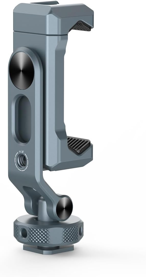 Double Cold Shoe Phone Mount Aluminum Adjustable Smartphone Clamp with 1/4” Screw Hole Secure Grip