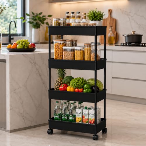Image of 4 Layer Multipurpose Storage Rack with Plastic Pipe, Kitchen Trolley, Rolling Storage Cart with Wheels, Multipurpose Storage Rack, Kitchen Organizer Rack, Multipurpose Trolley (Black) (Black, 4 Layer)