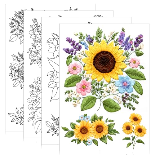 17 PCS Water Soluble Embroidery Patterns Sunflowers Bouquets Stick and Stitch Embroidery Patterns Wash Away Transfer Paper for Hand Sewing Lover Beginners