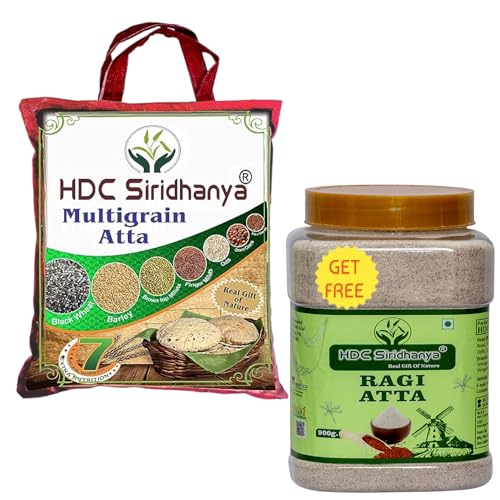 Image of HDC Siridhanya Multigrain Atta + Free Ragi Atta Combo Pack | Natural 7 Grain Millet Flour Blend - High Protein & Low GI Healthy Atta for Diabetic & Fitness Diet | Unpolished Pure Flour (3700g + 900 g)