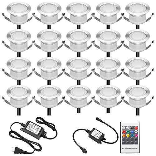 FVTLED Low Voltage 20pcs Multi-Color RGB LED Deck Lights Kit 1-3/4" Stainless Steel Recessed Wood Outdoor Yard Garden Decoration Lamp Patio Stairs Landscape Pathway Lighting