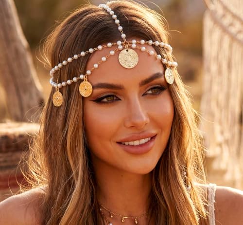 Cadena de cabeza de moneda Kilshye con perlas brillantes estilo boho 3