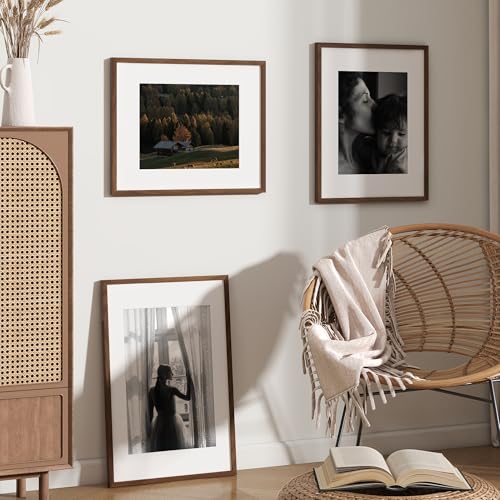 Image of FLYJOE 16x20 Oak Wood Picture Frame with Mat for 11x14, 16 by 20 USA-Sourced Natural Solid Wooden Poster Frame for Wall Display, Tempered Real Glass, Hanging Hardware Included, 3 Pack, Walnut Color