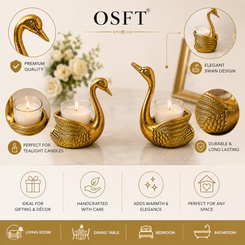 Image of Aluminium Swan Pair Showpiece with 2 Candles Included | Feng Shui Lucky Swan Couple Figurine & Candle Holder for Home Decor | Living Room Decor | Wedding, Anniversary, Valentine's & Couple Gift