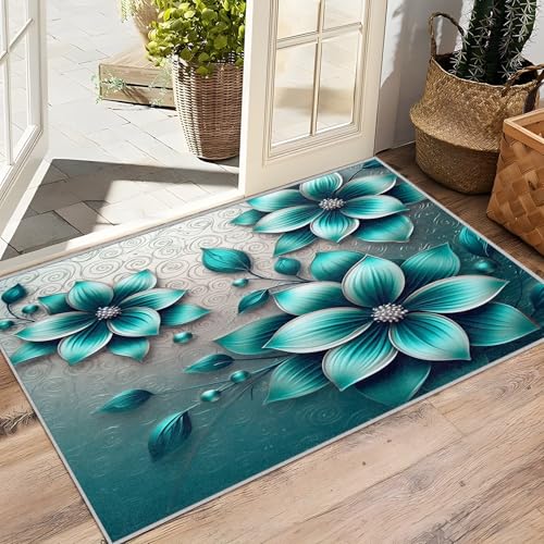 Tapete floral azul verdoso 5x7 moderno miniatura 4