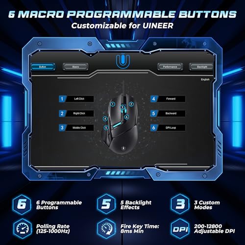 Image of Uineer Wired Gaming Mouse, 7200 DPI, 6 Programmable Buttons, RGB Lighting | 6 programmable buttons, adjustable 7200 DPI, RGB lighting and quiet clicks for work or gaming.