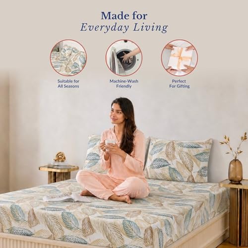 Image of Jaipur Weaves Queen Size Fitted Bedsheet Cotton with Elastic, 100% Pure Cotton Double Bed Fitted Sheet with 2 Pillow Covers, 240 TC, 60x78 Inches up to 8-inch Mattress, Leafy Design - (Grey Olive)