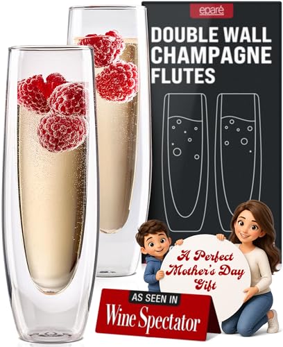 Eparé Double Wall Stemless Champagne Flutes Glass - Set of 2 Lightweight Mimosa Glasses...