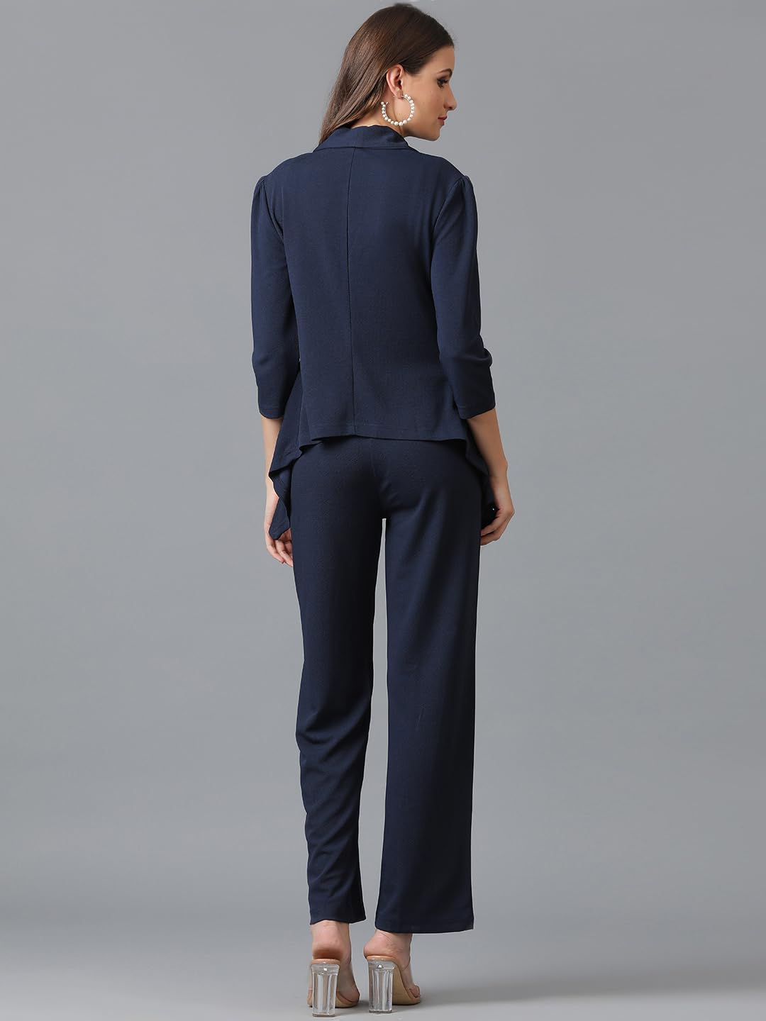 KOTTY Women's Solid Relaxed Fit 3/4 Sleeve Co-ord Blazer and Trouser Set. Navy Blue 2