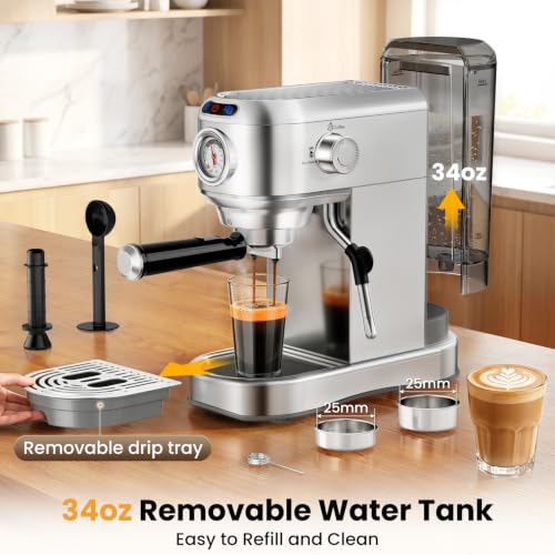 Espresso Machine 20 Bar, Compact Espresso Coffee Machine with Milk Frother, Stainless Steel Coffee Maker with 34oz Removable Water Tank, Cappuccino Machine for Home, Office, Latte (Silver) - Image 6