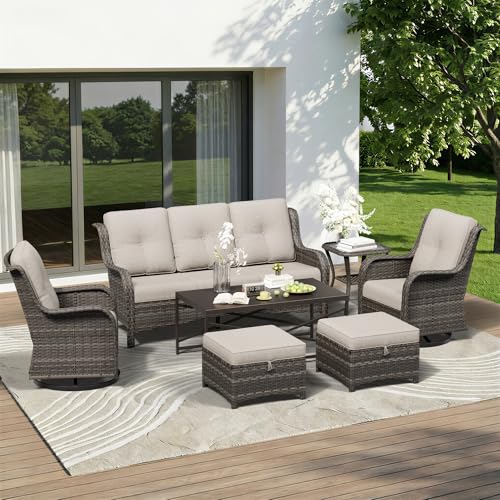 Image of 7 Piece Outdoor Wicker Patio Furniture Set, Outdoor Swivel Rocker Patio Chairs Set with Thickened Olefin Cushions, High Back and Deep Seating, Hand-Woven PE Rattan for Porch, Deck