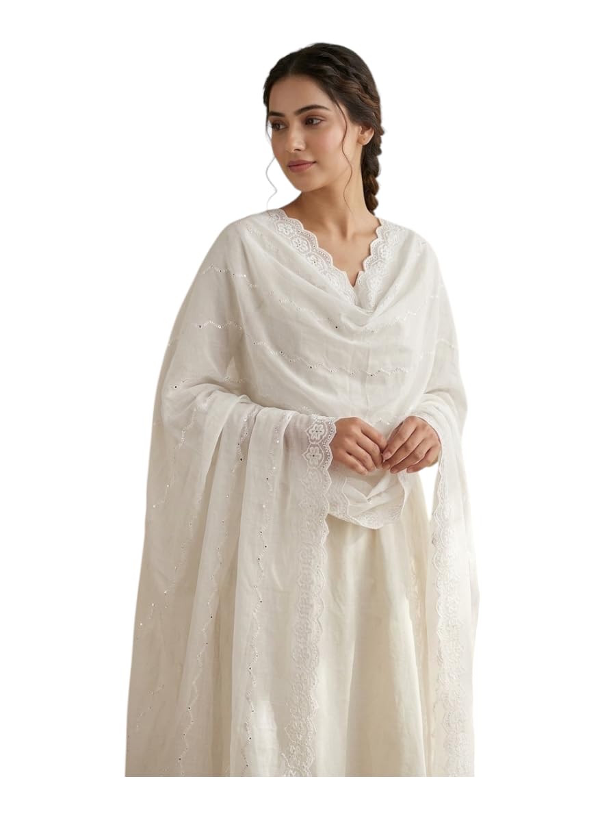 Pure Cotton White Chikankari Dupatta with Floral Embroidery, Scalloped Lace Border, 2.50 metter length-image-45