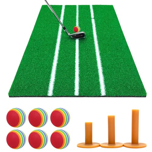 GolfStyle ゴルフマット 白線 ゴルフ 練習 マット 素振り 軌道確認 スイング ドライバー アイアン パター 練習器具 室内 屋外 人工芝 ゴルフボール ゴムティー SBR 50×75cm Eセット (レッド)