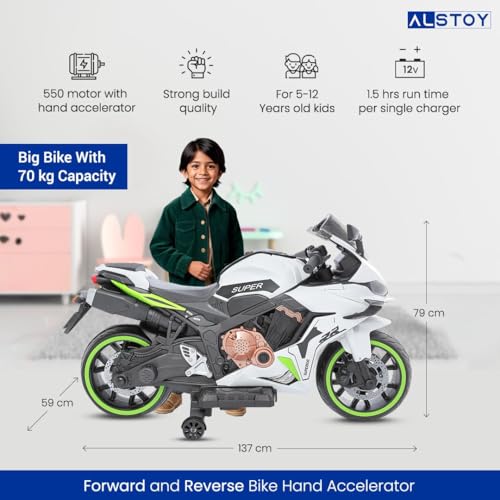 Image of Alstoy RR Kids Electric Ride-On Toy Bike | 12V Rechargeable Battery Operated for Kids | Bluetooth Music | 70kg Capacity | BIS /ISI Approved | Ages 5to12 Years | 6-Month Warranty | Large | Green+White