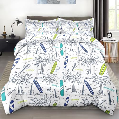 Pamnest Comforter Set Twin Size, Palm Leaf Guitar Soft 2 Pcs Bedding for Kids and Adults, Surfboard Surf Shark Comforter Set with Pillowcase for Bedroom Bed Decor