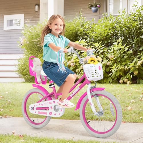 Image of Olakids Kids Bike, 12 14 16 18 20 Inch Girls Bicycle with Doll Seat Basket Adjustable Seat and Handlebar, Handbrake and Coaster Brake