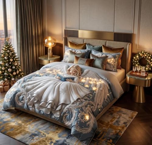 Image of Premium 7D Digital Printed Cotton Flat Bedsheet (90 X 100) Inch with 2 King Size Pillow Covers -300 TC Fabric, Design & Superior Comfort Double Bedsheet for Double Bed (Blue - Winter Princess Pattern)