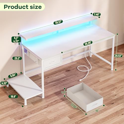 Image of DurayLoly 39.3Inch Computer Desk with Power Outlet & Drawer,Gaming Desk with CPU Stand& LED Lights,Corner Office Desk with Ergonomic Monitor Stand for Home Work, Study and Gaming, Small Spaces,White