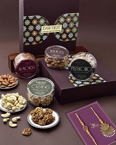 Image of Dry Fruits Combo Pack Rakhi Gift Hamper Bhaiya Bhabhi Rakhi Set Rakhi For Bhabhi Lumba Rakhi Set Small Pet Jars Pack Of 4 Dry Fruits Cashew Walnut Almond Pista Yellow Bhaiya Bhabhi Rakhi Set