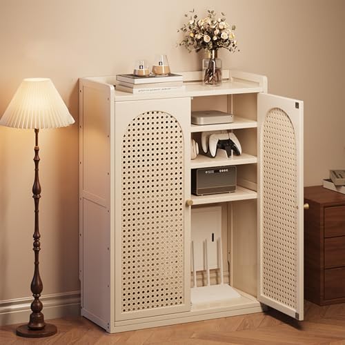 Mueble para router WiFi blanco de 59x25x67 cm con puertas de ratán 2