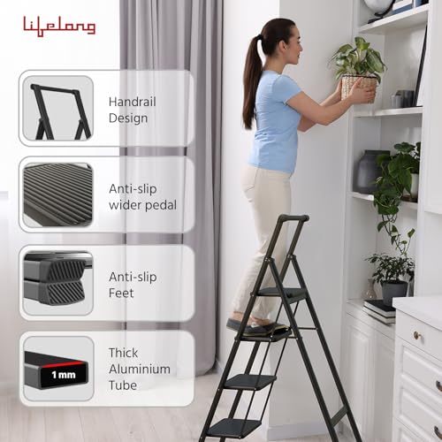 Image of Lifelong 4 Steps Steel Ladder with Handle for Home, Foldable & Portable Stairs, Versatile Use for Kitchen, Bathroom & Office Foot Stool - Multipurpose Step Stool with 150 Kg Capacity (LLSLH04, Black)