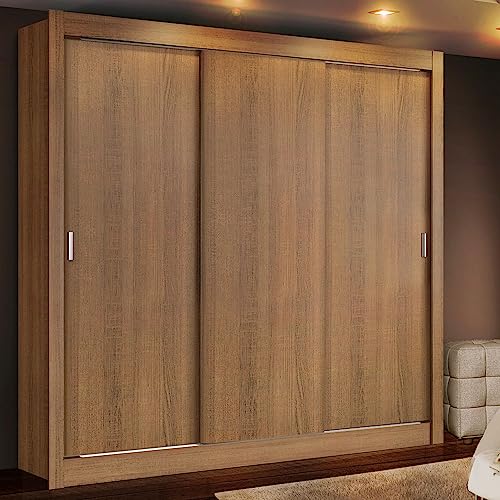 Image of Madesa Monaco Wardrobe, 3 Sliding Doors, Engineered Wood, Aluminium Handles, 170 cm Width, Brown, for Bedroom Storage