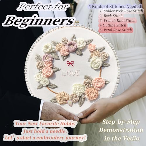 Image of FONNUY Love Heart Crewel Embroidery Kit for Beginners, Pre-Stamped Pattern Kits for Adults with Hoop, Easy to Follow Color Thread Needlework, 8'' Hoop (Love)